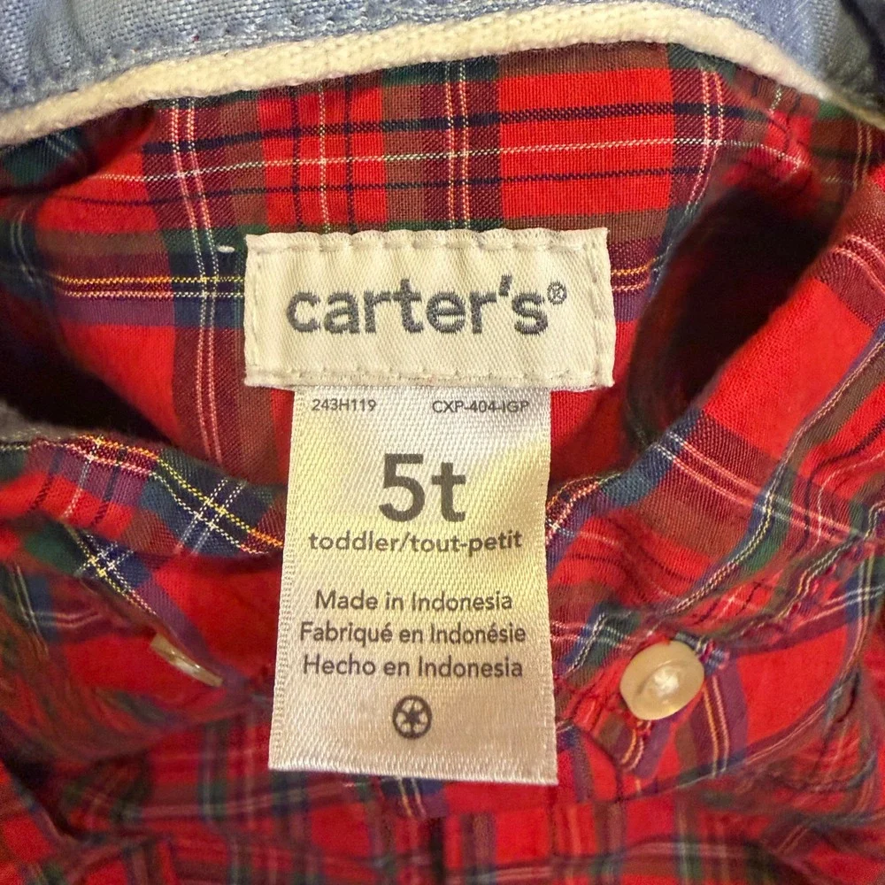 Carter's Kids Red Plaid Long Sleeve Button Down Shirt 5T Holiday Classic